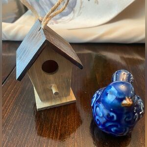 Beautiful Blue Ceramic Bird with Small Birdhouse